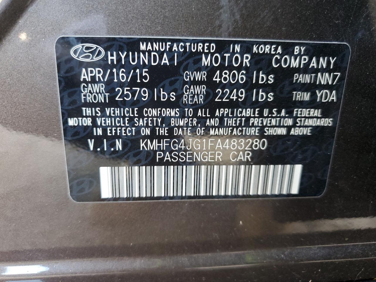 KMHFG4JG1FA483280 2015 HYUNDAI AZERA - Image 12