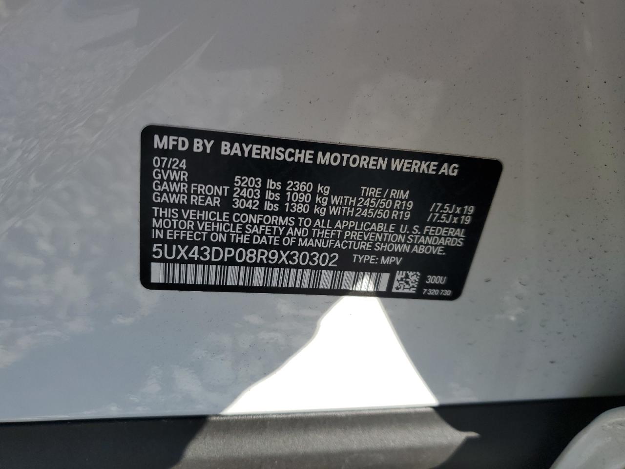 2024 BMW X3 Sdrive30I VIN: 5UX43DP08R9X30302 Lot: 76810344