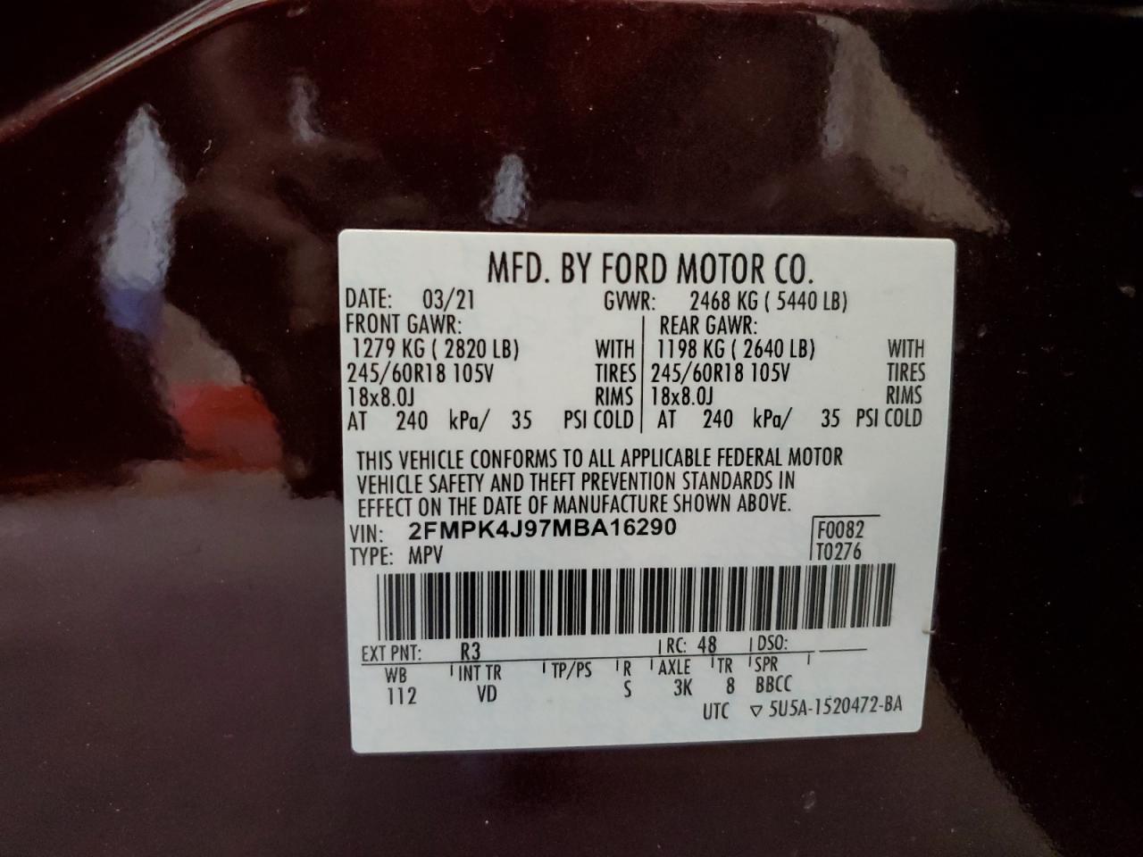 2FMPK4J97MBA16290 2021 Ford Edge Sel