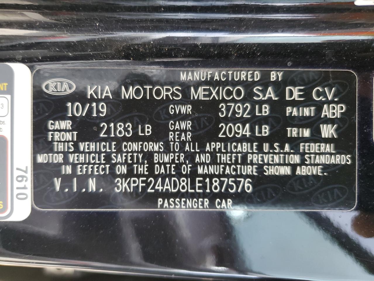 2020 Kia Forte Fe VIN: 3KPF24AD8LE187576 Lot: 76121824