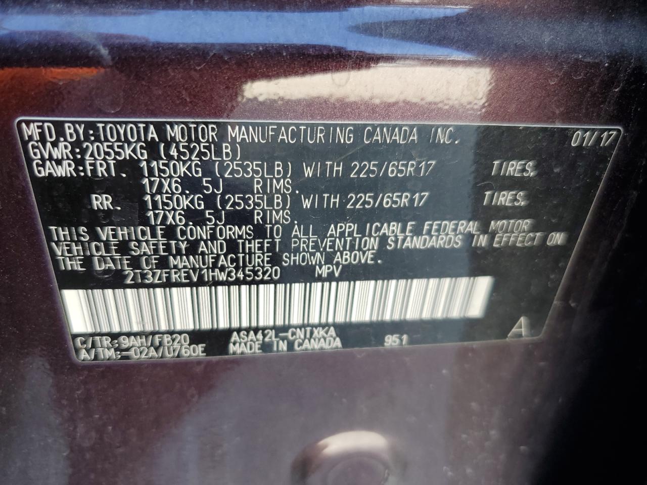 2017 Toyota Rav4 Le VIN: 2T3ZFREV1HW345320 Lot: 76404814