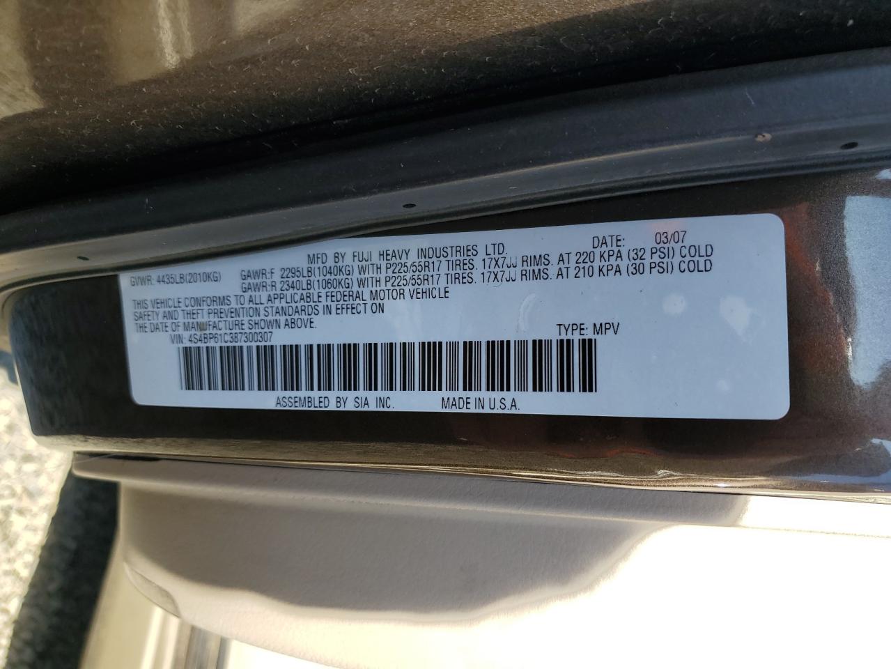 2008 Subaru Outback 2.5I VIN: 4S4BP61C387300307 Lot: 74107984