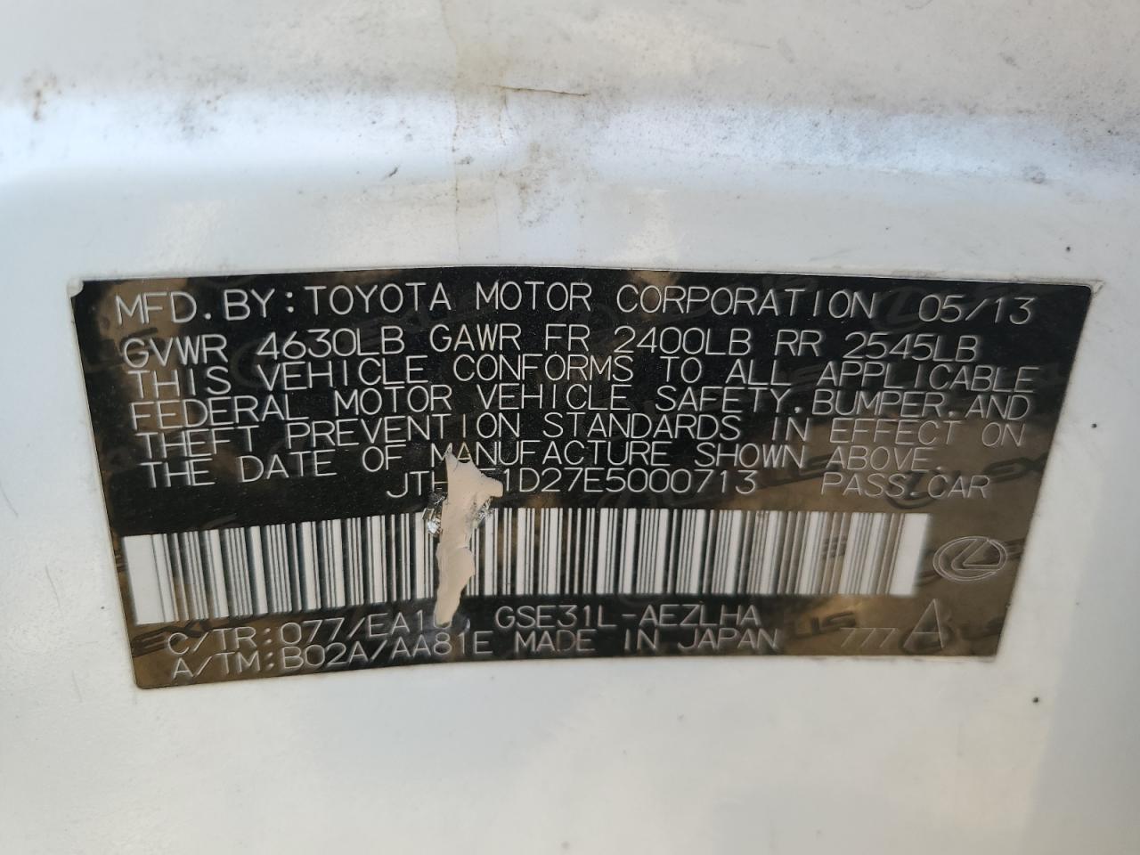 JTHBE1D27E5000713 2014 Lexus Is 350