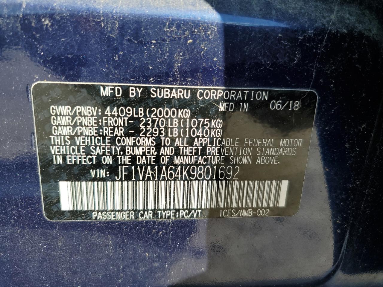 JF1VA1A64K9801692 2019 Subaru Wrx