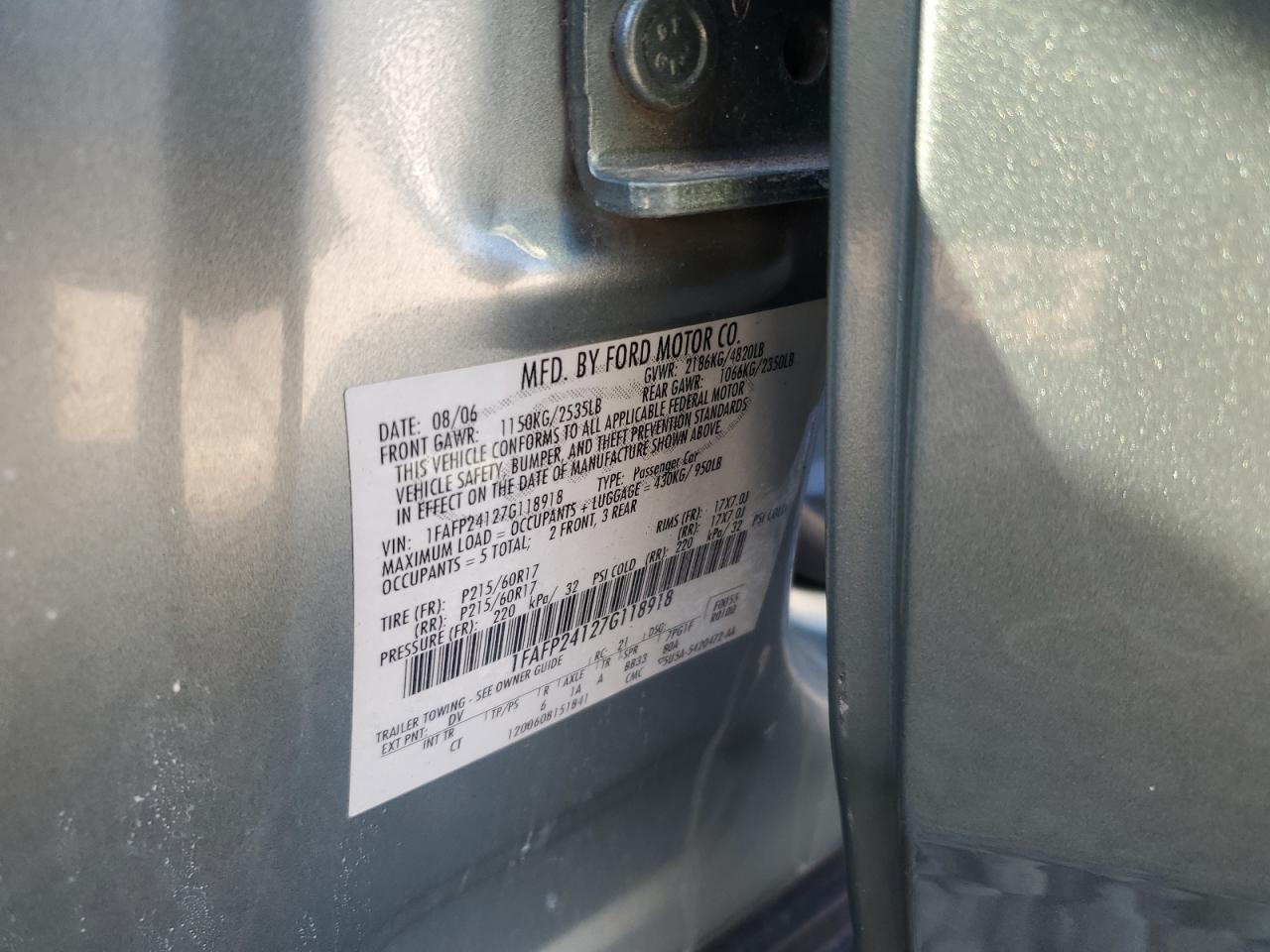 2007 Ford Five Hundred Sel VIN: 1FAFP24127G118918 Lot: 45721085