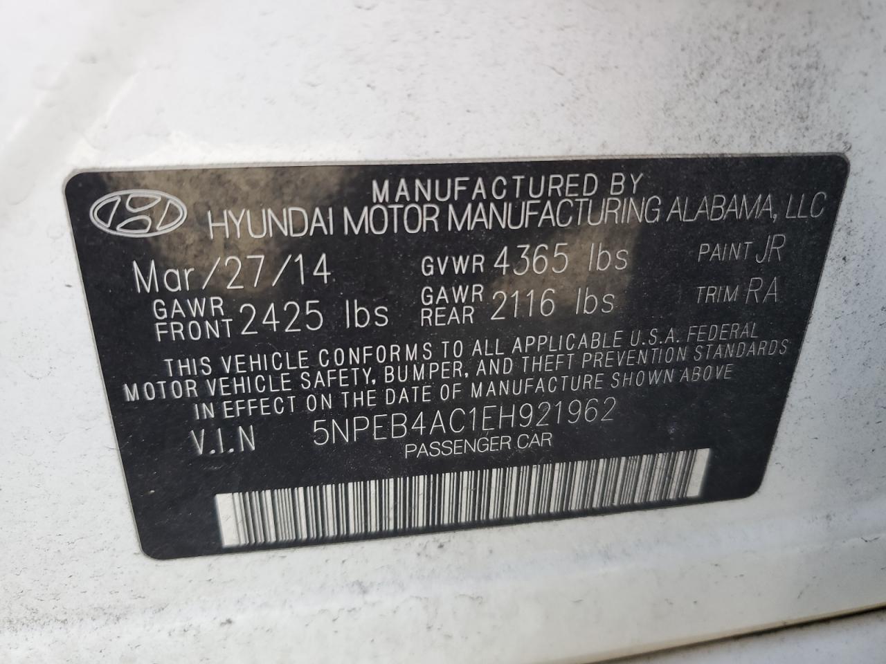 5NPEB4AC1EH921962 2014 Hyundai Sonata Gls