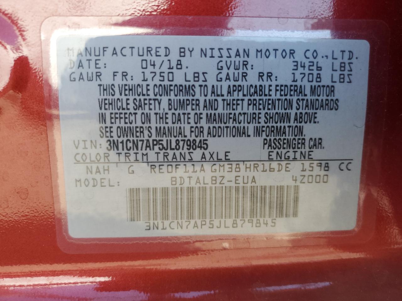 3N1CN7AP5JL879845 2018 Nissan Versa S