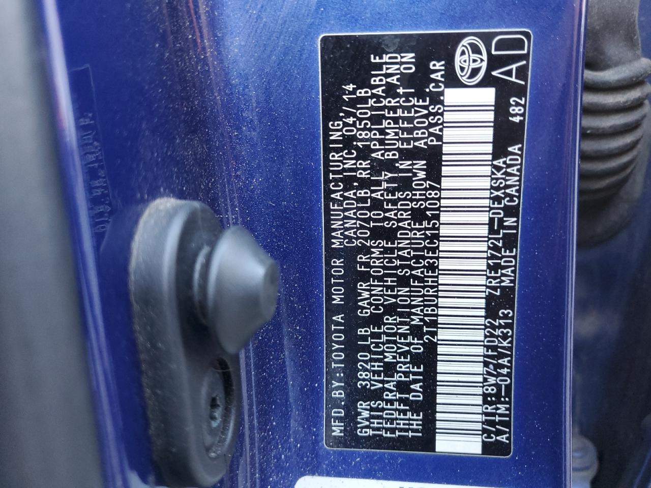 2014 Toyota Corolla L VIN: 2T1BURHE3EC151087 Lot: 77566024