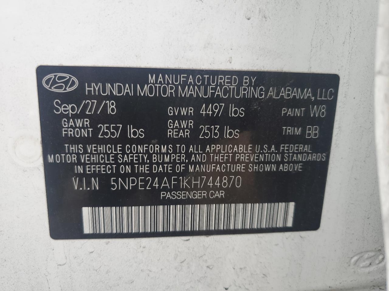 5NPE24AF1KH744870 2019 Hyundai Sonata Se