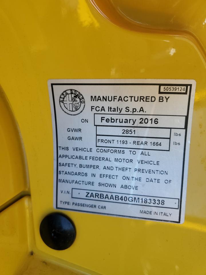 2016 Alfa Romeo 4C Spider VIN: ZARBAAB40GM183338 Lot: 74145314