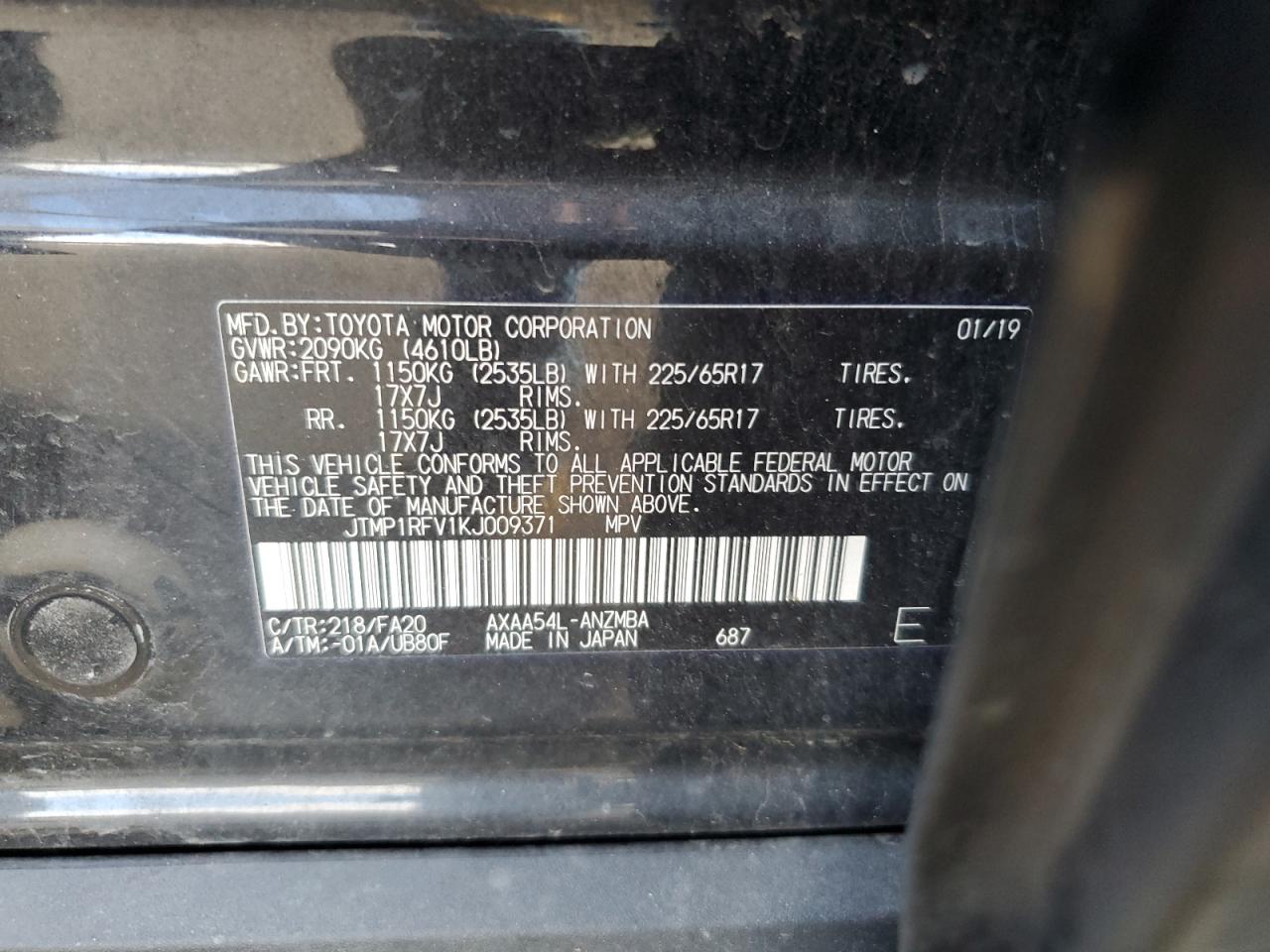 JTMP1RFV1KJ009371 2019 Toyota Rav4 Xle