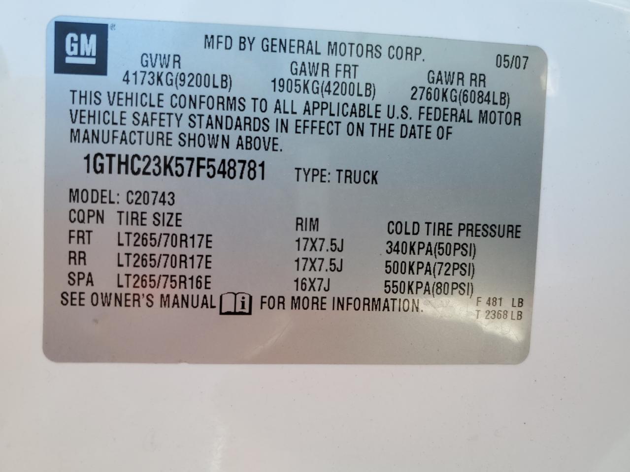 1GTHC23K57F548781 2007 GMC Sierra C2500 Heavy Duty