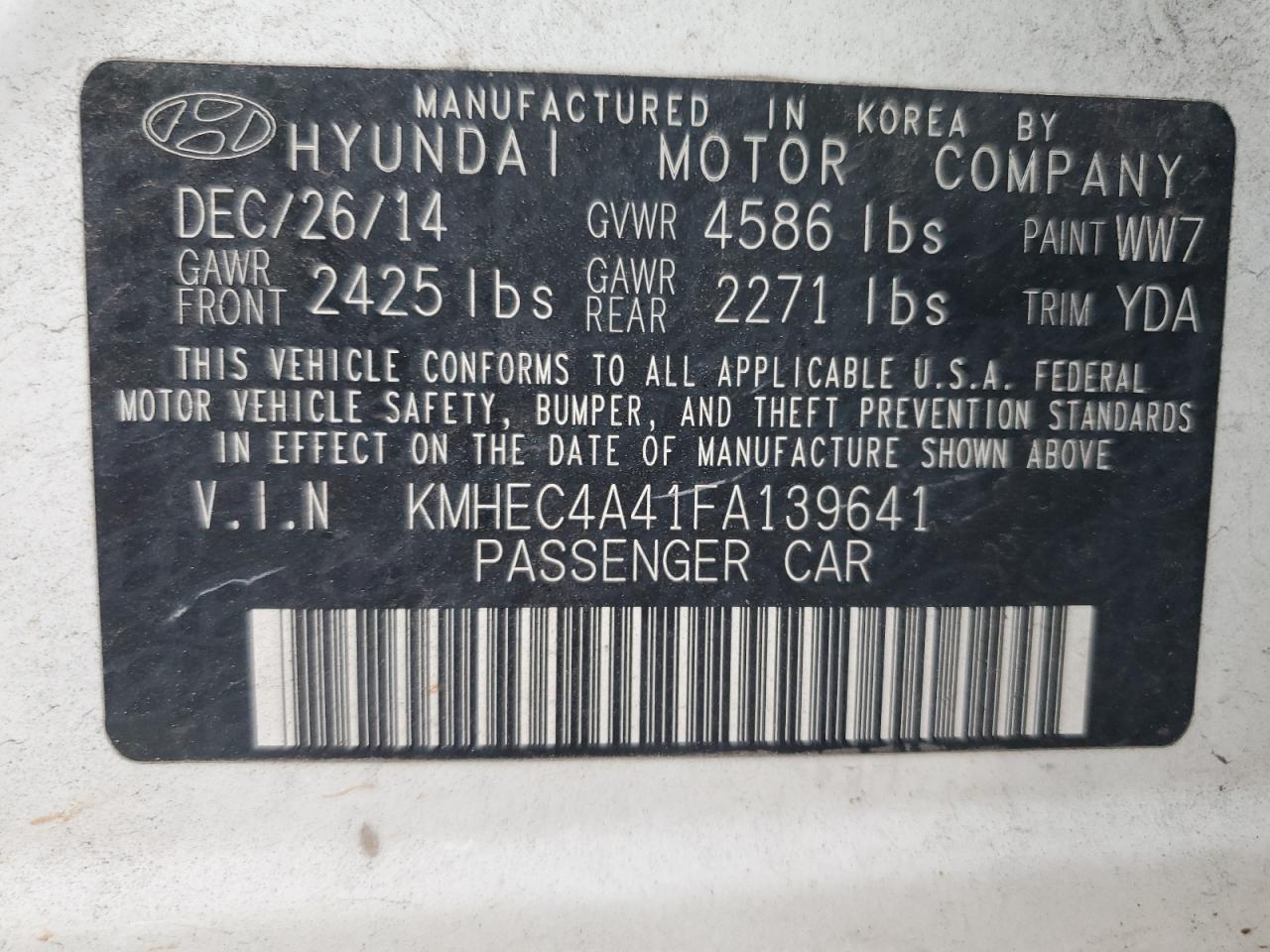 2015 Hyundai Sonata Hybrid VIN: KMHEC4A41FA139641 Lot: 77747354