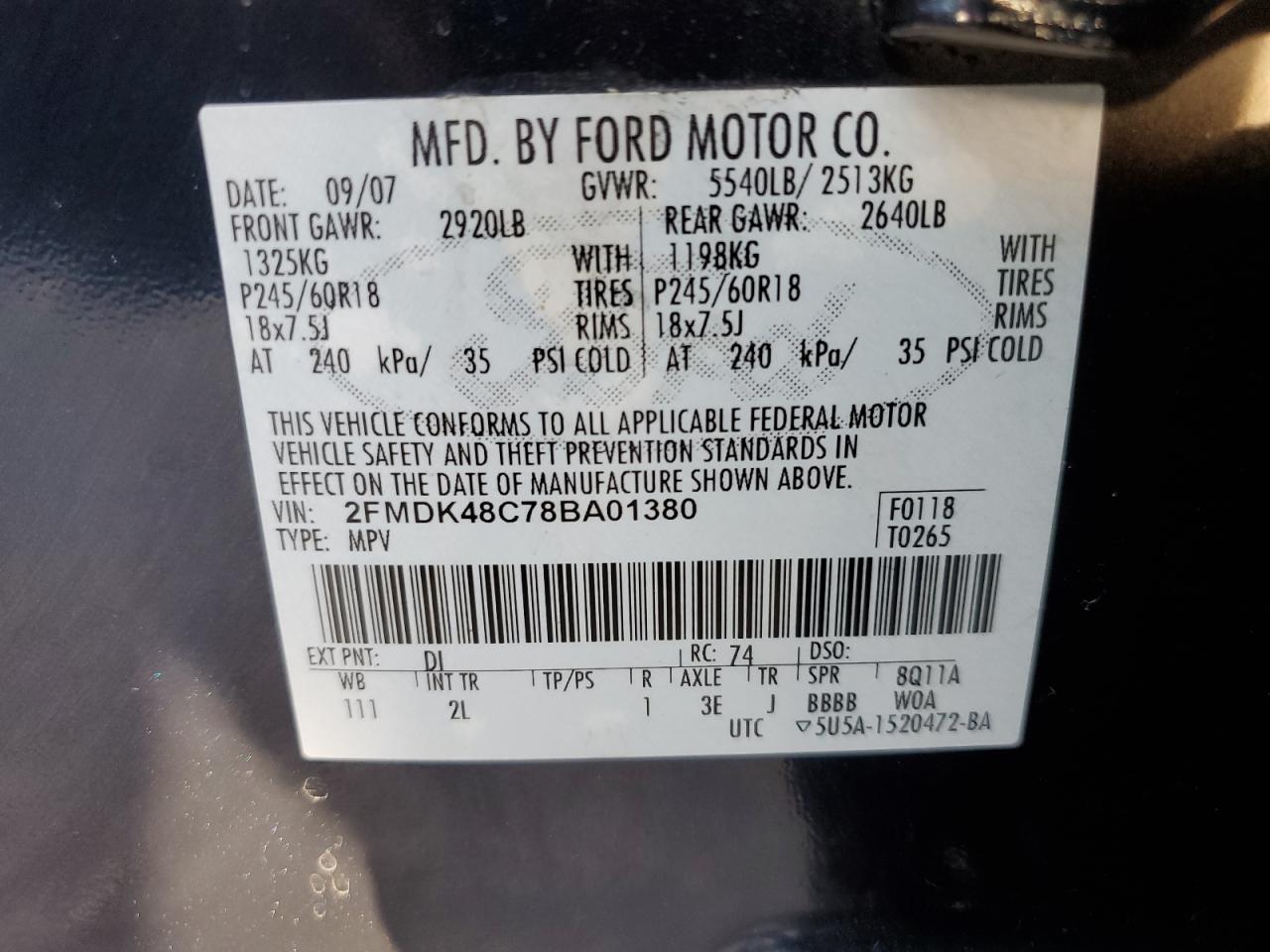 2008 Ford Edge Sel VIN: 2FMDK48C78BA01380 Lot: 77411274