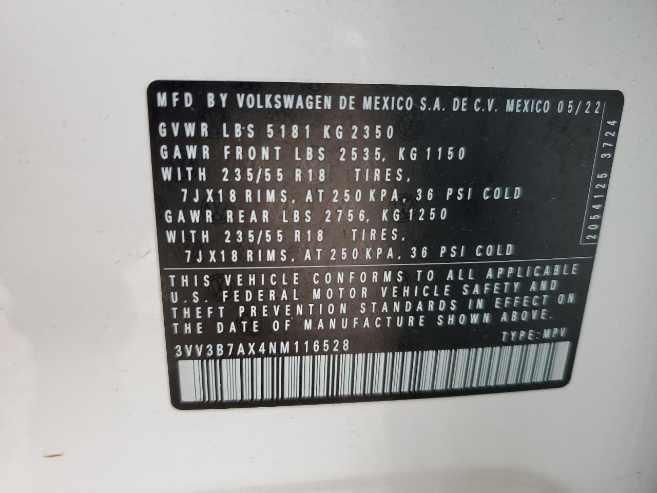 2022 Volkswagen Tiguan Se VIN: 3VV3B7AX4NM116528 Lot: 76894194