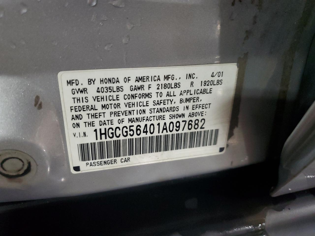 1HGCG56401A097682 2001 Honda Accord Lx