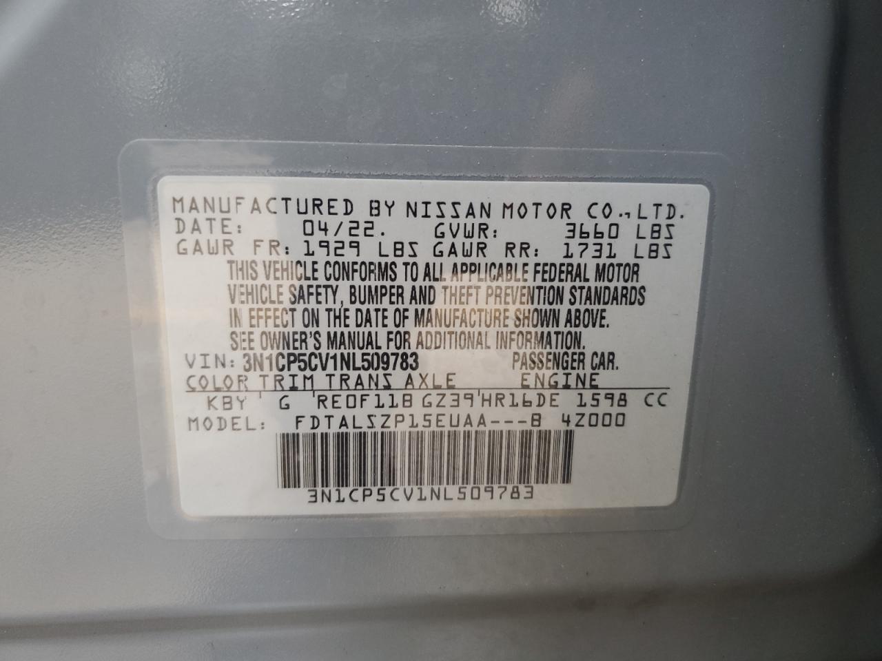 3N1CP5CV1NL509783 2022 Nissan Kicks Sv