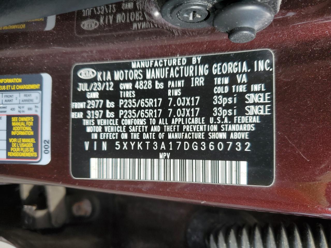 2013 Kia Sorento Lx VIN: 5XYKT3A17DG360732 Lot: 75855264