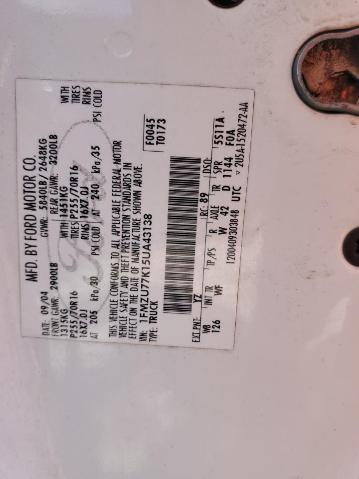 2005 Ford Explorer Sport Trac VIN: 1FMZU77K15UA43138 Lot: 73181014