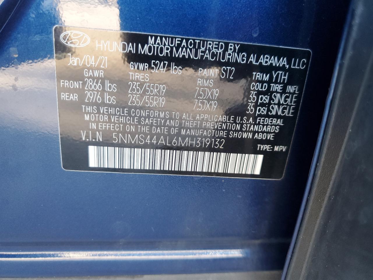 5NMS44AL6MH319132 2021 Hyundai Santa Fe Limited