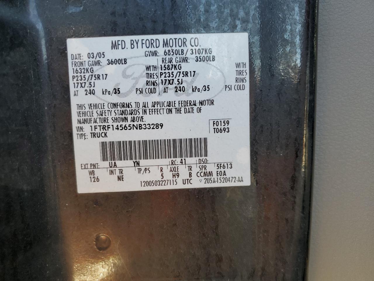 2005 Ford F150 VIN: 1FTRF14565NB33289 Lot: 78285924