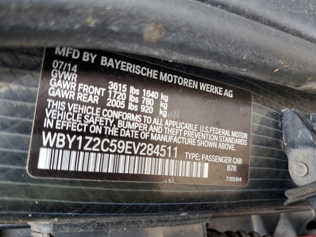 2014 BMW I3 Bev VIN: WBY1Z2C59EV284511 Lot: 78401854