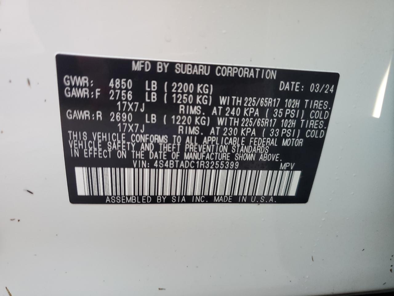 2024 Subaru Outback Premium VIN: 4S4BTADC1R3255399 Lot: 74229904