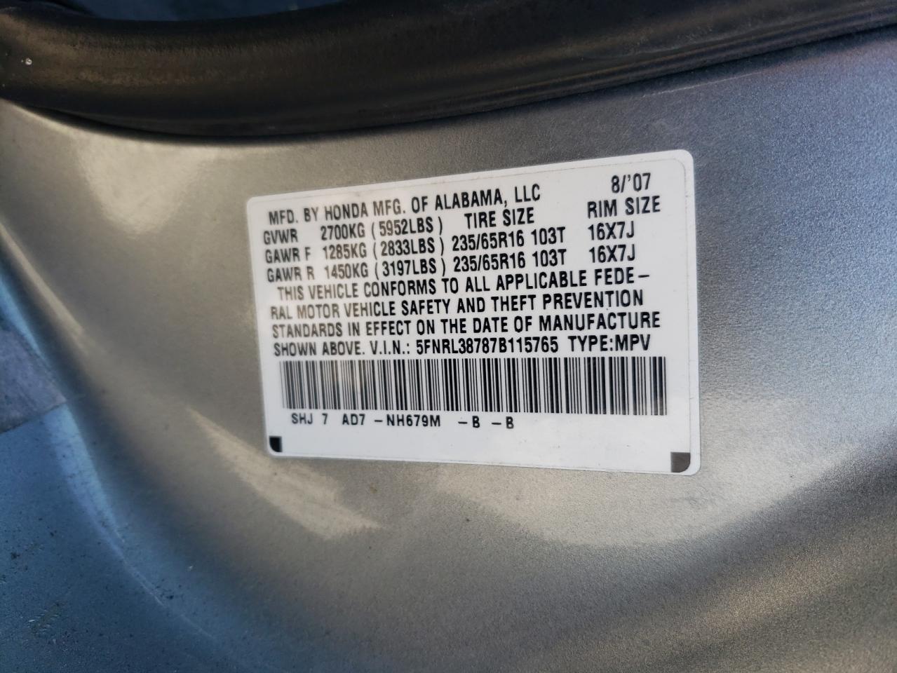 5FNRL38787B115765 2007 Honda Odyssey Exl