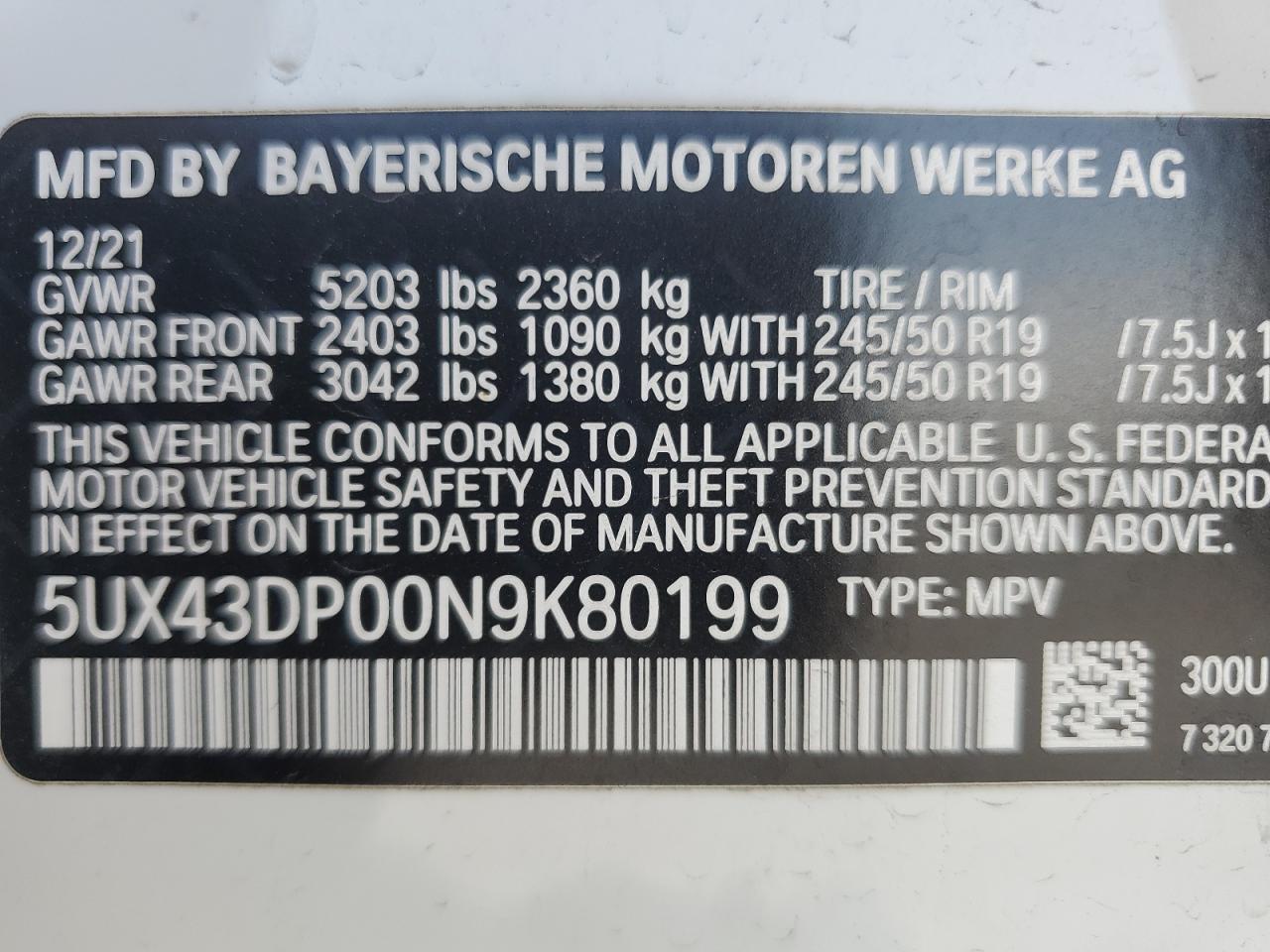 5UX43DP00N9K80199 2022 BMW X3 Sdrive30I