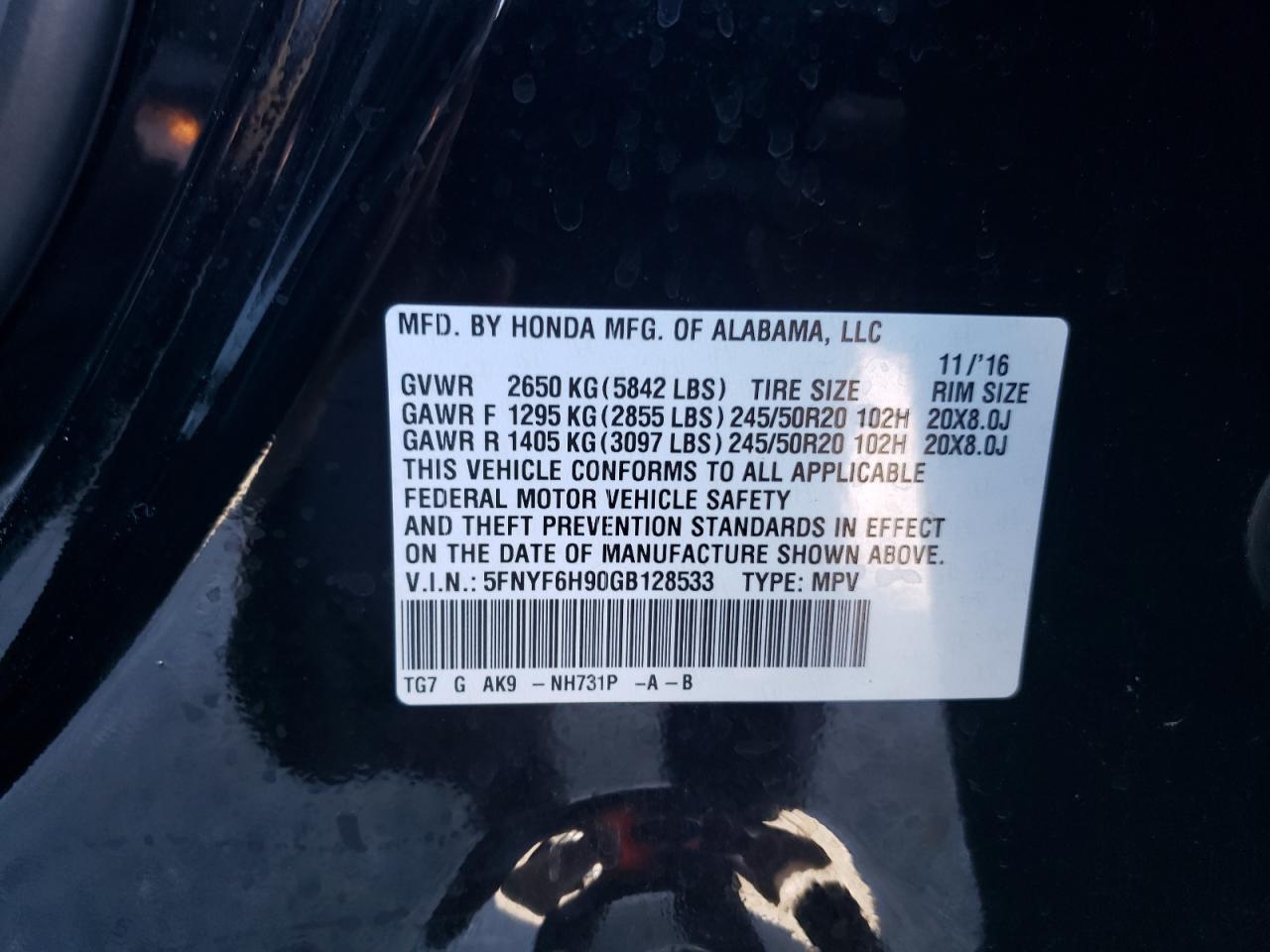 5FNYF6H90GB128533 2016 Honda Pilot Touring