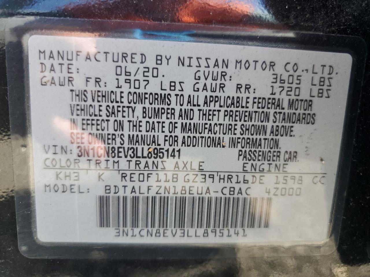 3N1CN8EV3LL895141 2020 Nissan Versa Sv