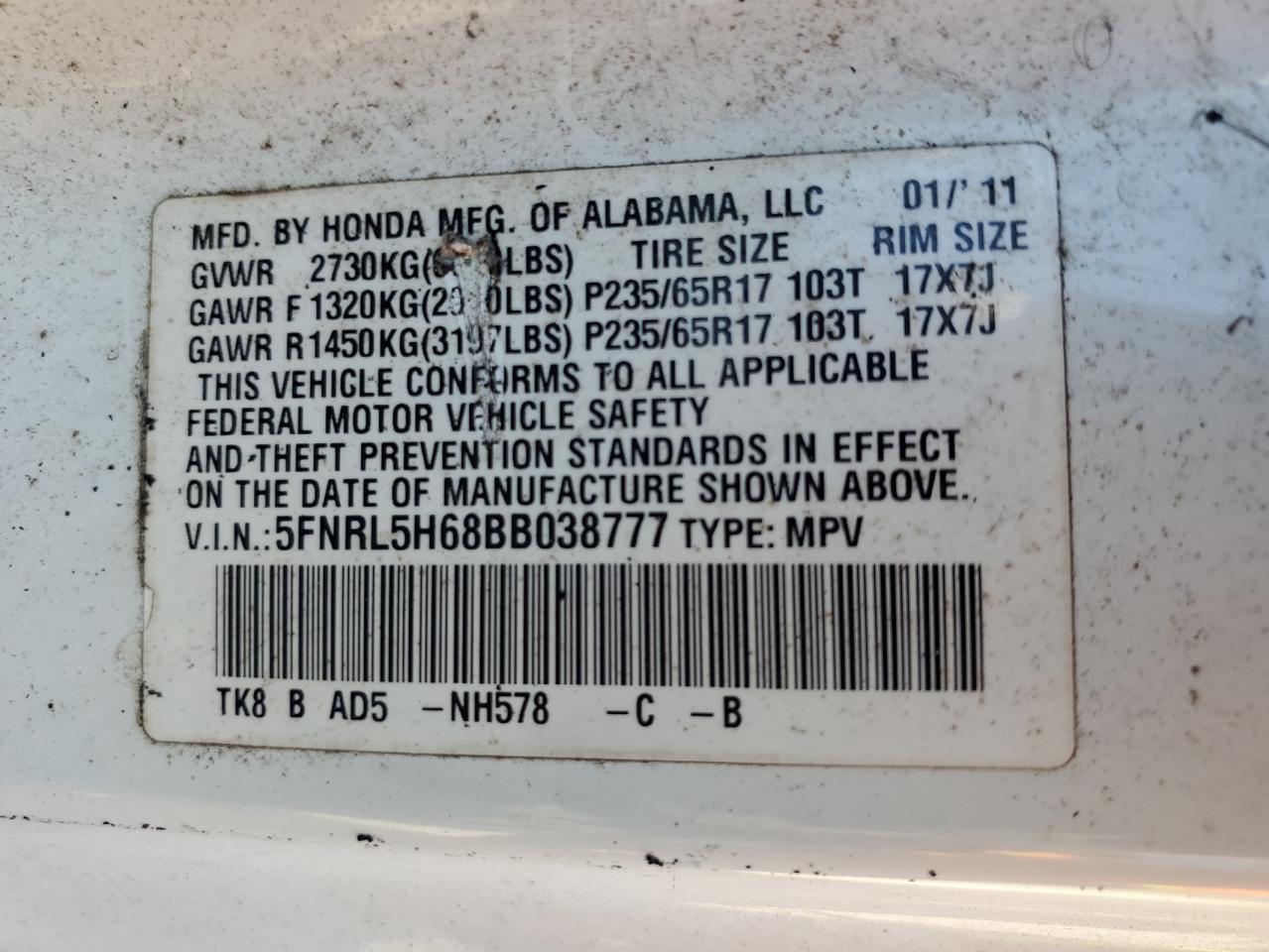 5FNRL5H68BB038777 2011 Honda Odyssey Exl