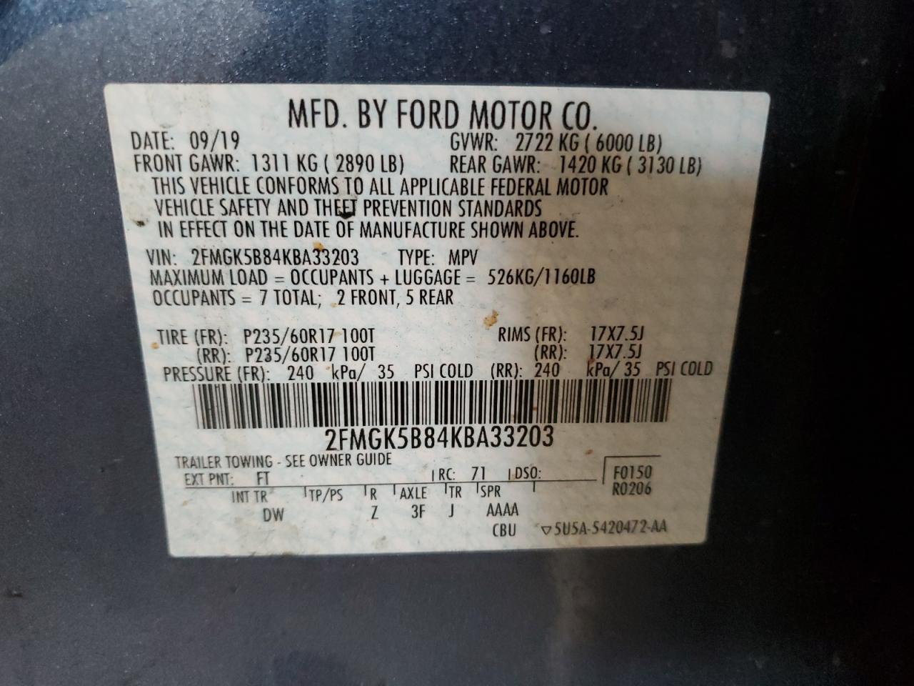 2FMGK5B84KBA33203 2019 Ford Flex Se