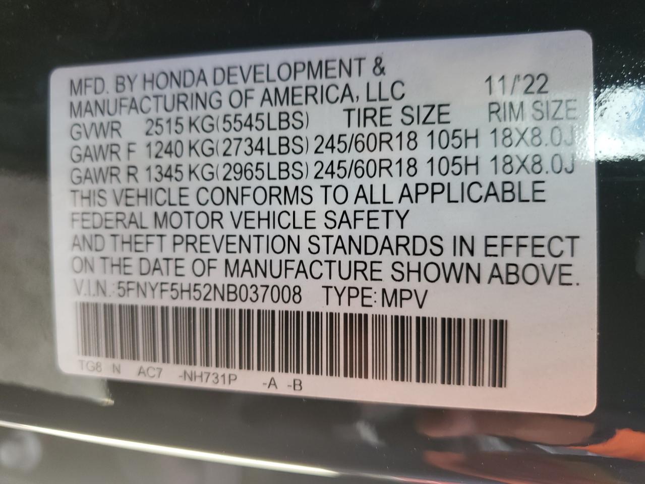 2022 Honda Pilot Exl VIN: 5FNYF5H52NB037008 Lot: 74062474