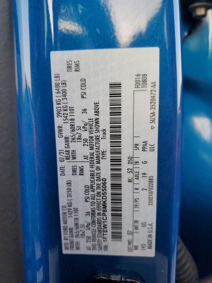 2021 Ford F150 Supercrew VIN: 1FTEW1CP8MKD55060 Lot: 75086924