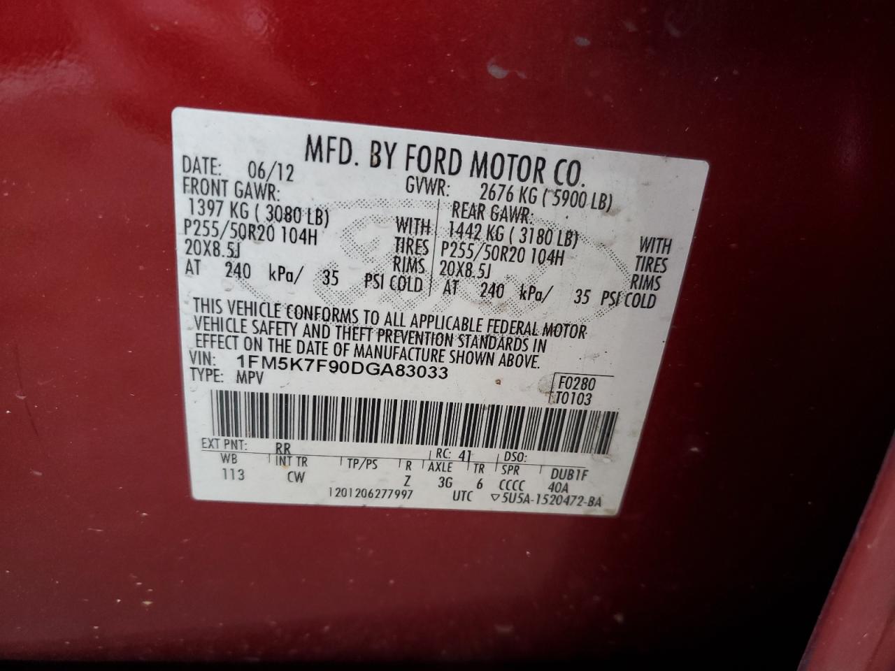 2013 Ford Explorer Limited VIN: 1FM5K7F90DGA83033 Lot: 75996594