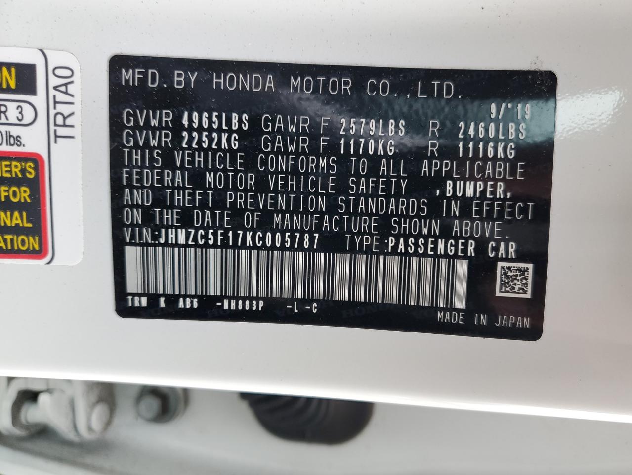 JHMZC5F17KC005787 2019 Honda Clarity