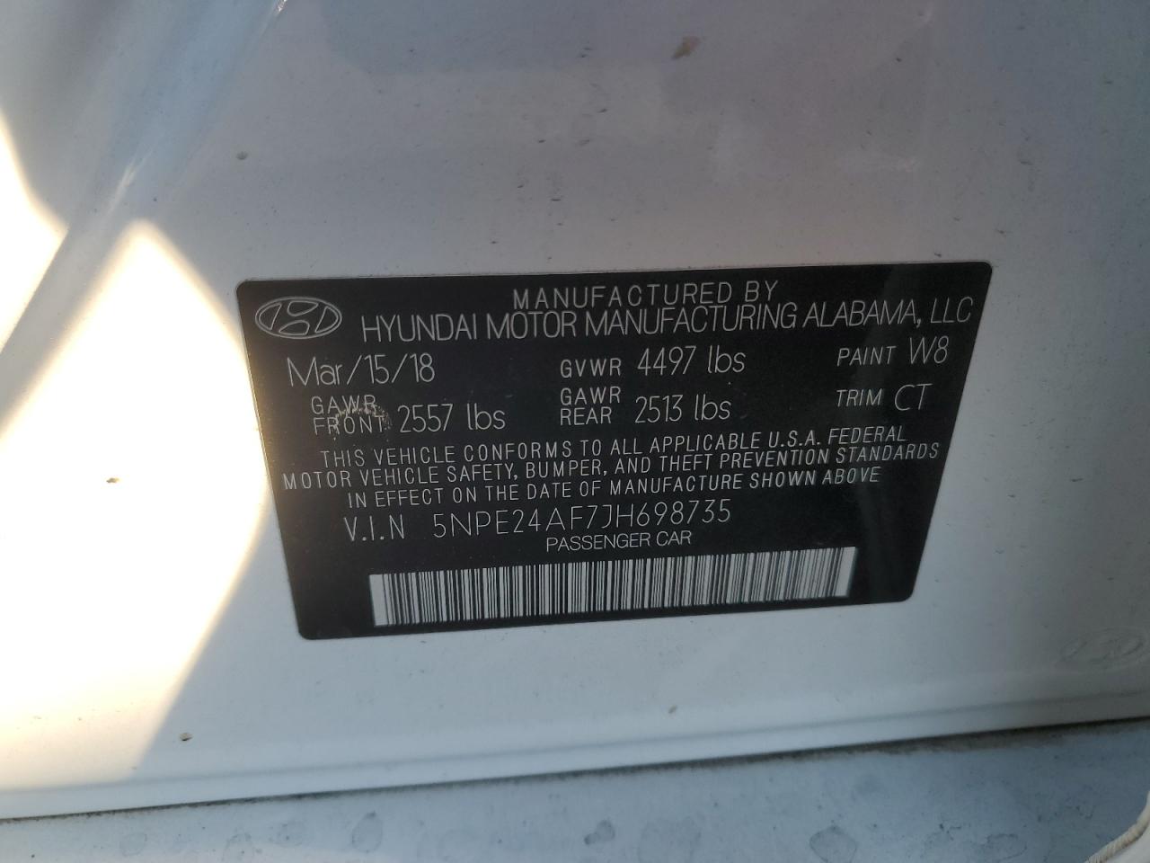 5NPE24AF7JH698735 2018 Hyundai Sonata Se