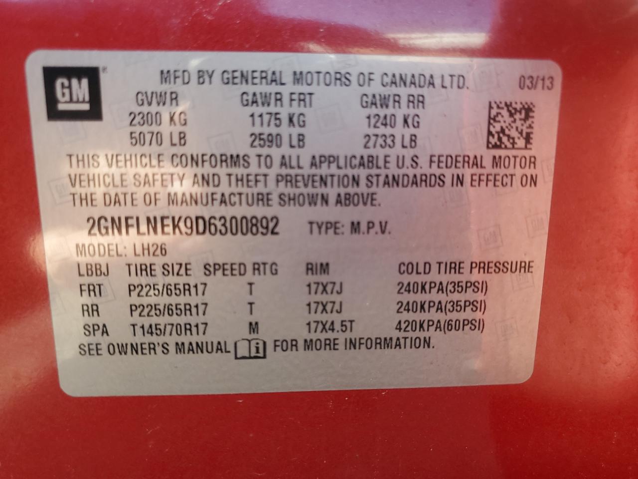 2GNFLNEK9D6300892 2013 Chevrolet Equinox Lt