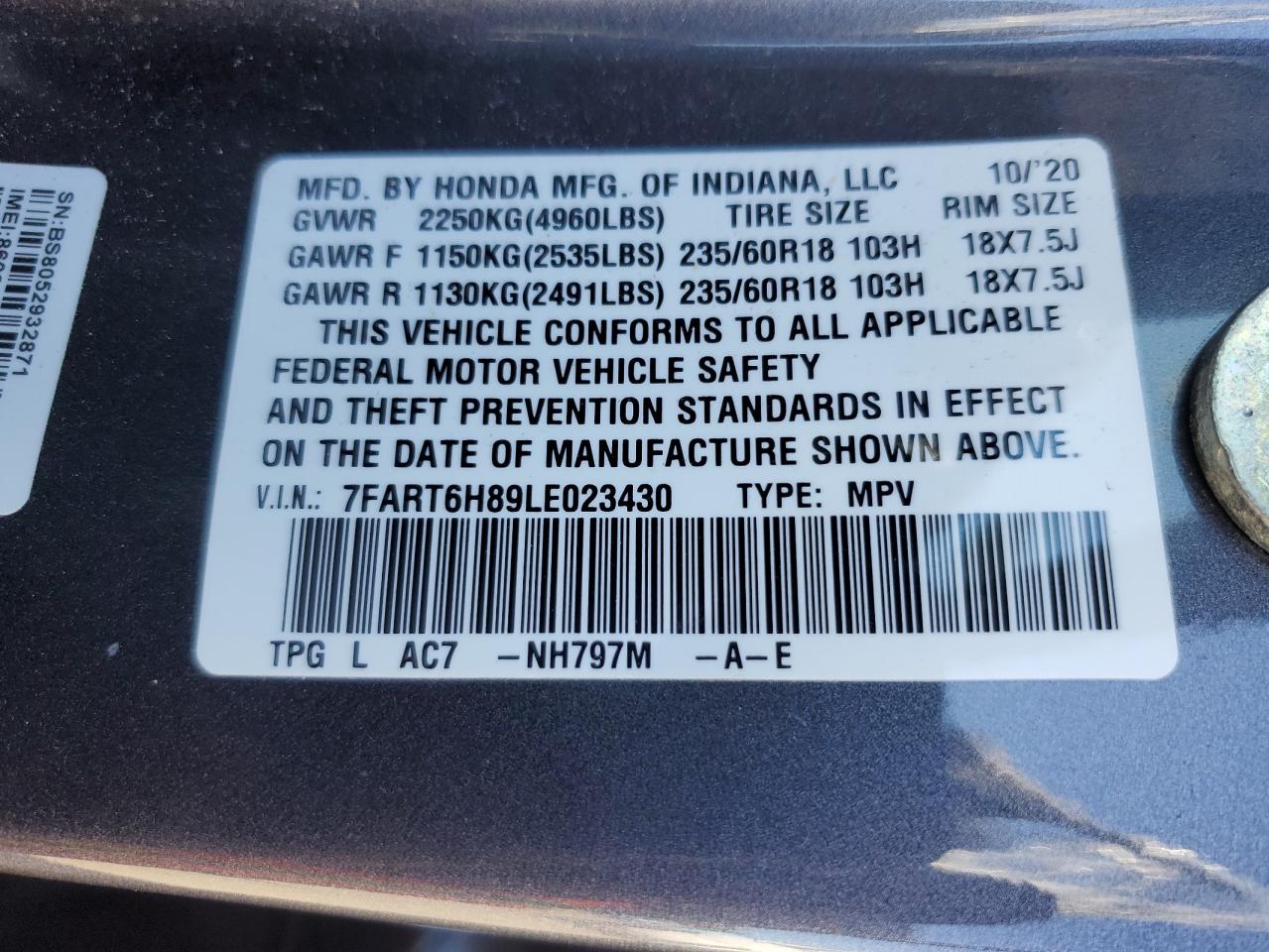 2020 Honda Cr-V Exl VIN: 7FART6H89LE023430 Lot: 76675794