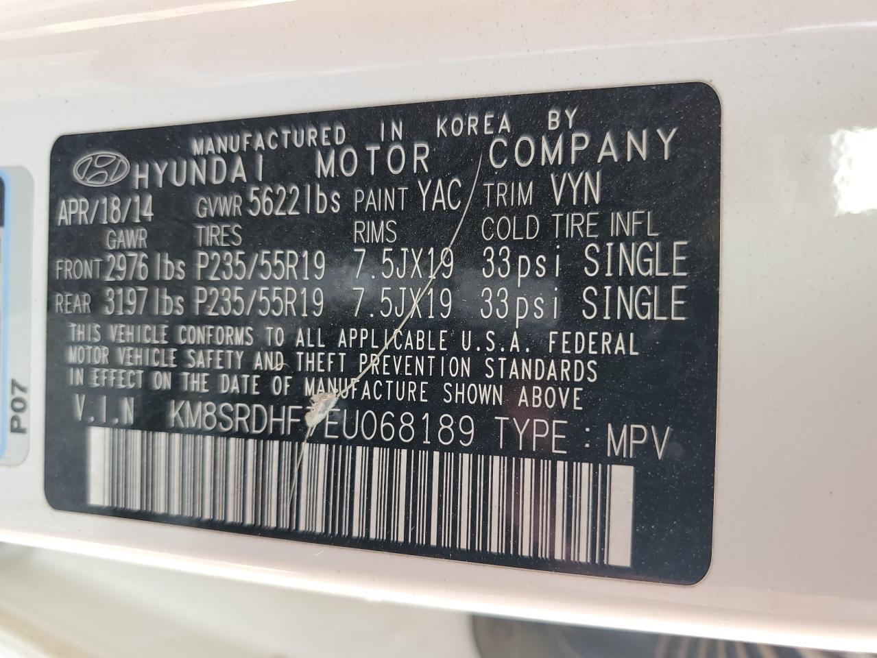 VIN KM8SRDHF7EU068189 2014 HYUNDAI SANTA FE no.13