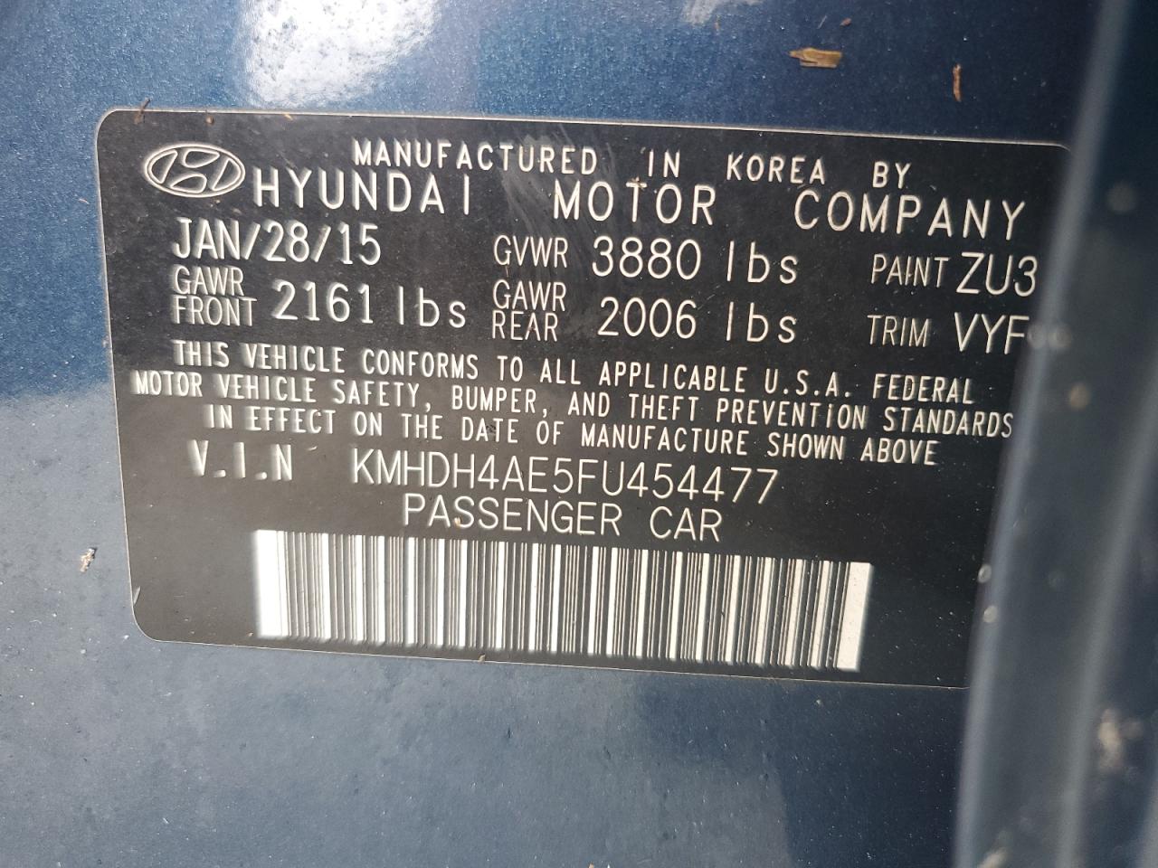 KMHDH4AE5FU454477 2015 Hyundai Elantra Se