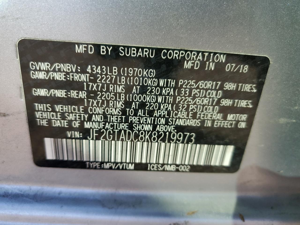 JF2GTADC8K8219973 2019 Subaru Crosstrek Premium