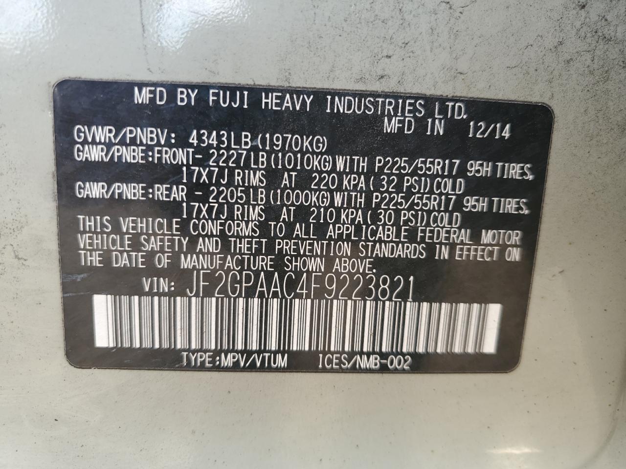 2015 Subaru Xv Crosstrek VIN: JF2GPAAC4F9223821 Lot: 74978994