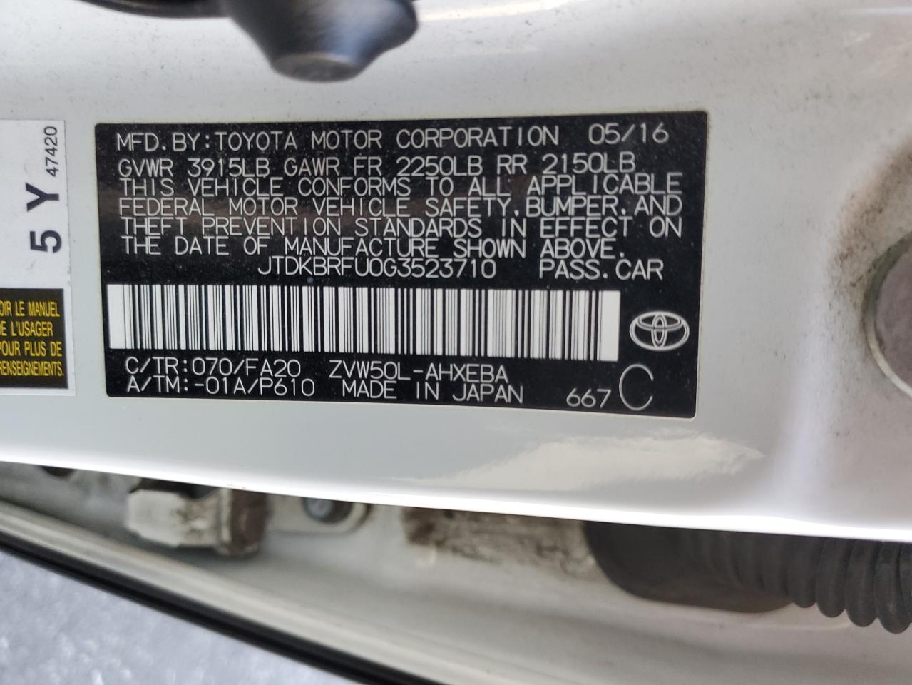 VIN JTDKBRFU0G3523710 2016 TOYOTA PRIUS no.13