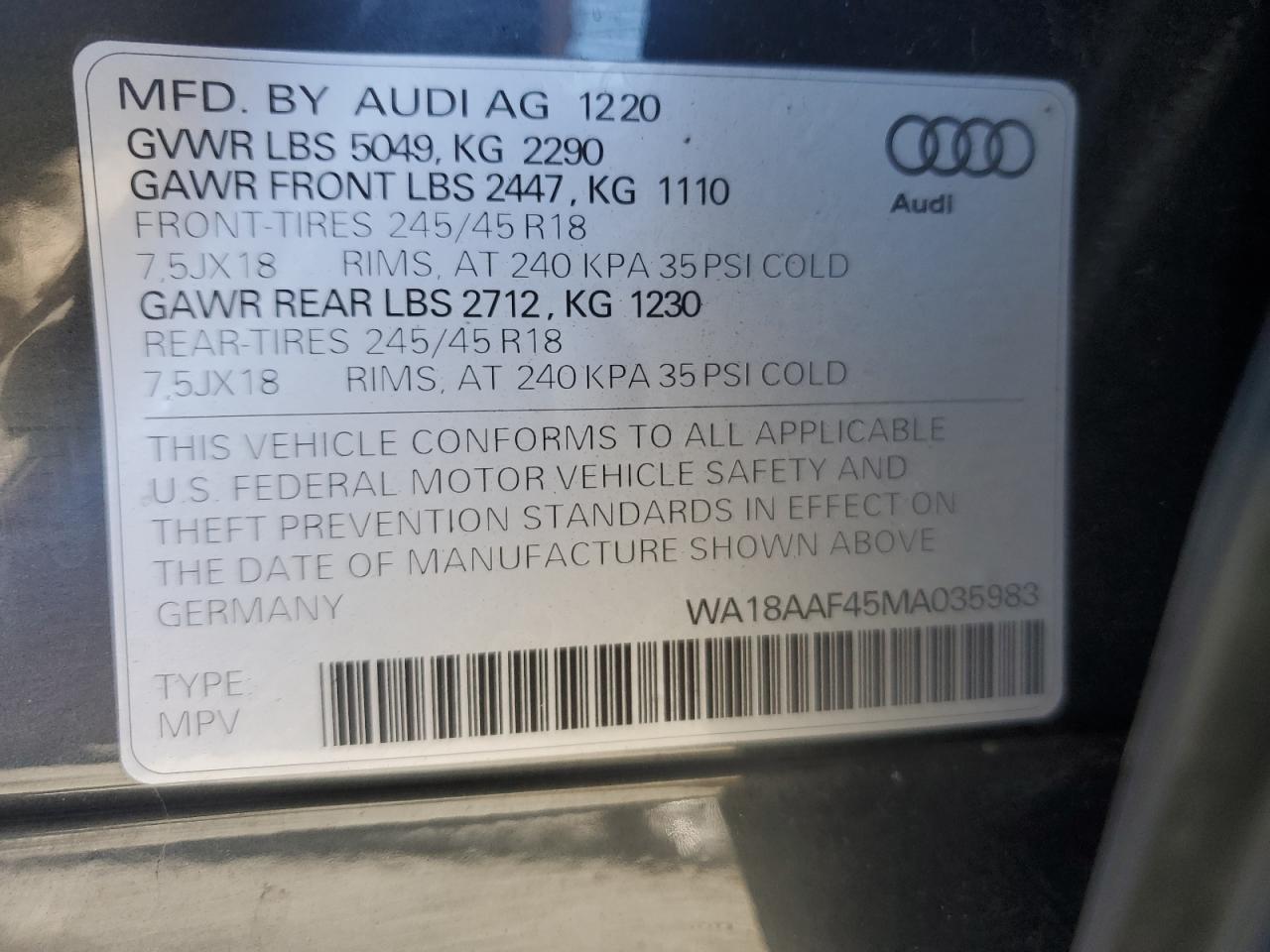 2021 Audi A4 Allroad Premium Plus VIN: WA18AAF45MA035983 Lot: 75879524