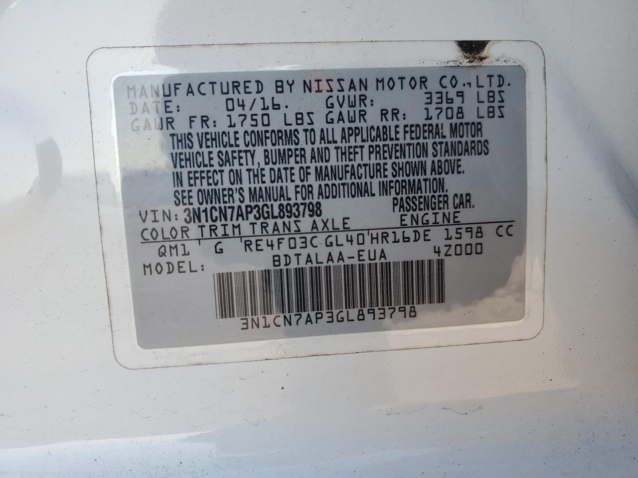 3N1CN7AP3GL893798 2016 Nissan Versa S