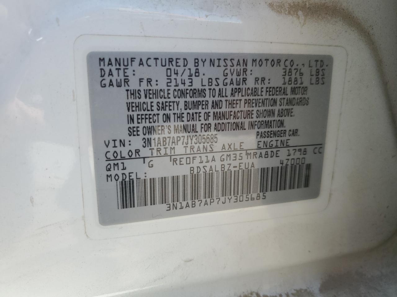 3N1AB7AP7JY305685 2018 Nissan Sentra S