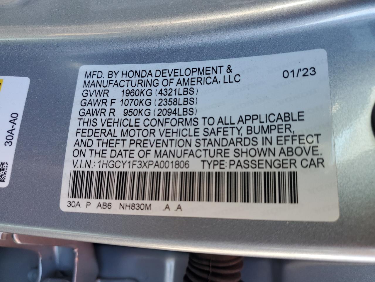 1HGCY1F3XPA001806 2023 Honda Accord Ex