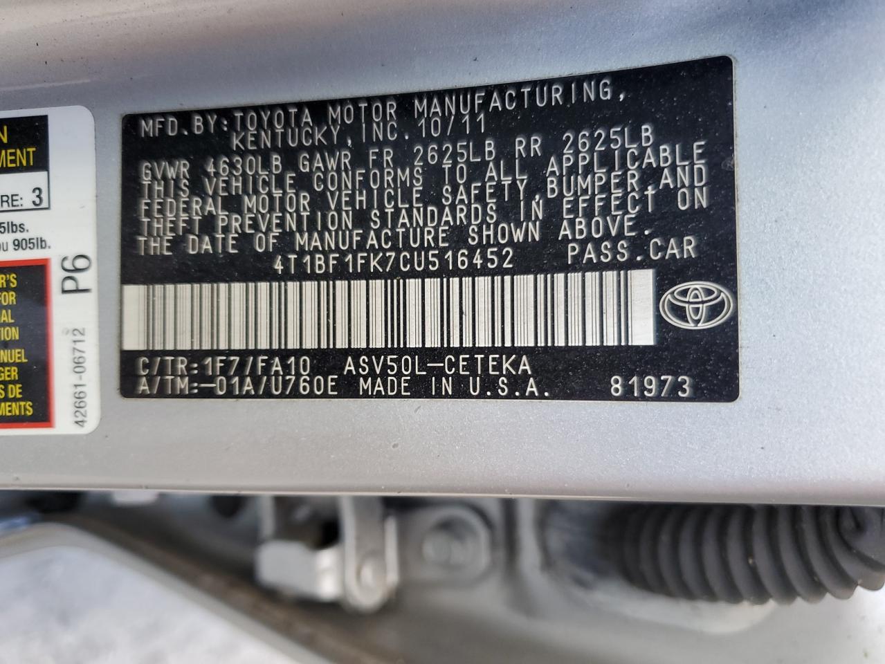 2012 Toyota Camry Base VIN: 4T1BF1FK7CU516452 Lot: 76166334